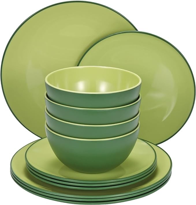 TP 12-Piece Dinnerware Set, Melamine Dishes Set with Bowls and Plates, Non-breakable Lightweight Dinner Service for 4, Avocado Green