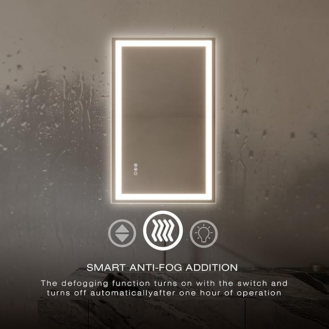 ELEMENTO 24” x 36” LED Bathroom Mirror | Modern Front and Backlit Rectangular Wall Mirror | 3 Light Color Options, Dimmer & Anti-Fog Features | LED Mirror for Bathroom Vanity