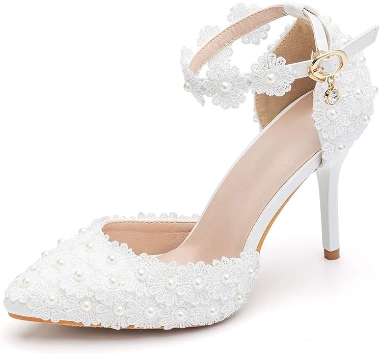 Dress First Women's High Heel Pumps Closed Toe Sandals with Floral Lace Pearls Strap Stiletto Bridal Wedding Party Shoes,3.74"