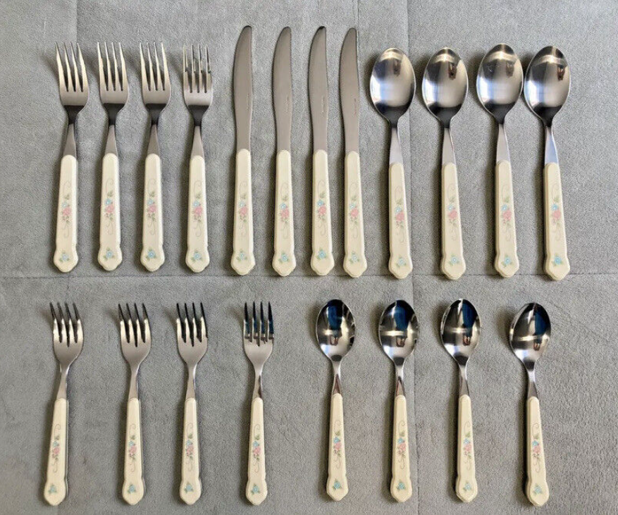 Pfaltzgraff Perennials TEA ROSE Flatware Stainless 20 PC Floral 4 Place Setting
