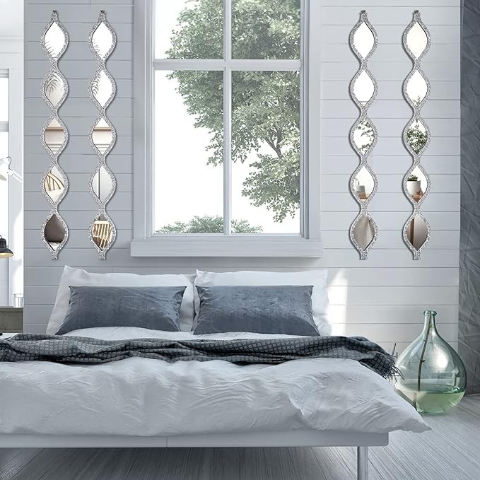 BBTO Teardrop Mirror Wall Decor Decorative Mirror Rustic Crush Diamond Mirrors Wall Decor Farmhouse Decorative Long Mirror for Bathroom Bedroom Entryway Apartment Living Room (Silver, 4 Pcs)