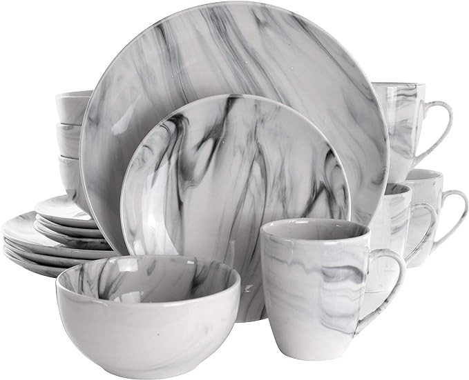 Elama Fine Round Gloss Dinnerware Dish Set, 16 Piece, Black and White Marble