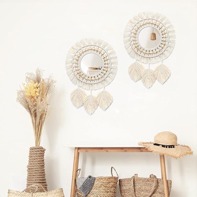 Dremisland Hanging Wall Mirror-Boho Macrame Fringe Round Decorative Mirror with Wood Beads Feather Pendant,Art Ornament for Apartment Home Bedroom Living Room