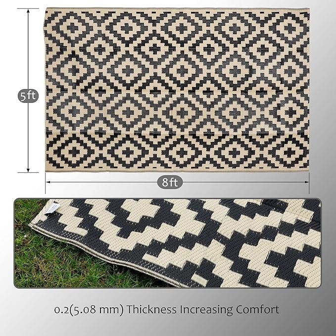 SAND MINE Reversible Mats, Plastic Straw Rug, Modern Area Rug, Large Floor Mat and Rug for Outdoors, RV, Patio, Backyard, Deck, Picnic, Beach, Trailer, Camping, Black & Beige, 5' x 8'