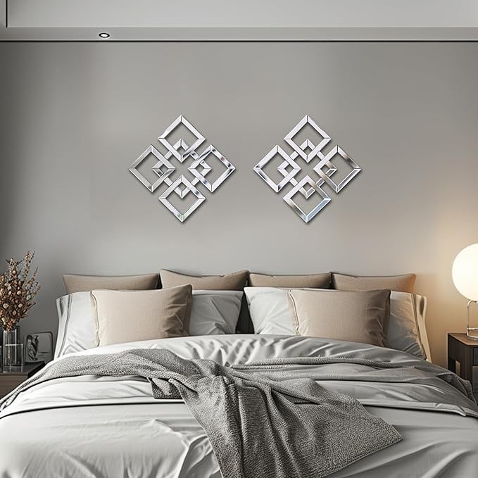 Walasis Decorative Mirrors for Wall Decor Modern - Geometric Wall Mirror 12inch Silver Square Glass Art with Beveled Fashion Mirrored Accent for Living Room Bedroom Bathroom Entryway 4 Pcs
