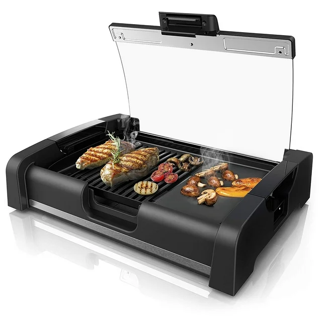 Electric Smokeless Indoor Griddle, 2-in-1 with Lid Grill, 1200W Home W/ Hood BBQ Grill, Nonstick Cooking Plate, 5 Level Adjustable Temperature, Detachable & Dishwasher Safe, Cool-touch Handles, Black