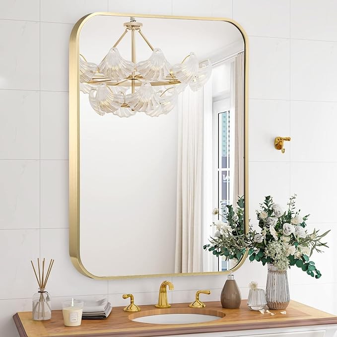 TITAMEG 24x36 Inch Bathroom Mirror for Wall,Gold Framed Rectangle Mirror with Rounded Corner,Aluminum Alloy Framed Brushed Wall Mirror for Bedroom or Living Room,Vertical or Horizontal