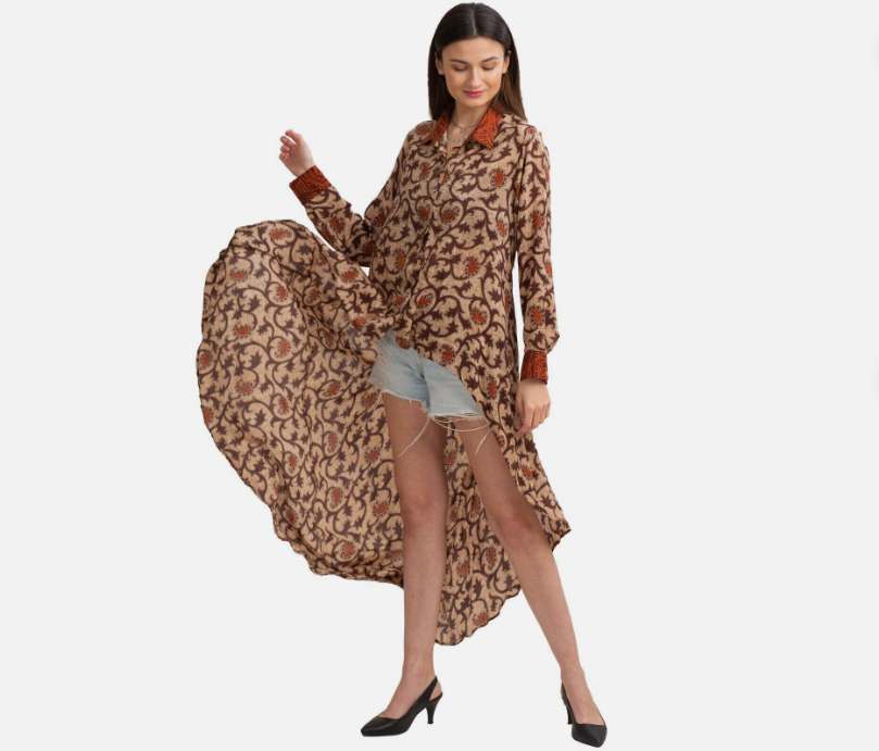 Sanskriti Vintage High Low Shirt Dress Pure Crepe Silk, Upcycled Free Size