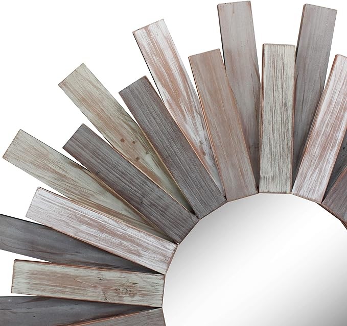 Stonebriar Large Round 32" Wooden Sunburst Wall Mirror with Attached Hanging Bracket, Decorative Rustic Decor for the Living Room, Bathroom, Bedroom, and Entryway, Multi Color